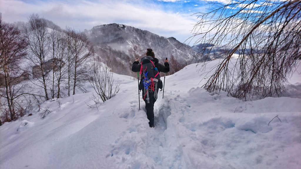 attrezzatura escursione in montagna con la neve bastoncini trekking ghette ciaspole ramponi pantaloni abbigliamento guanti 2